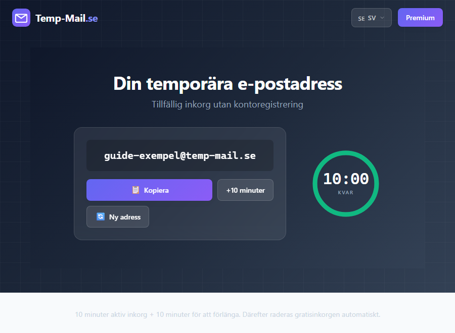 Exempel på Temp-Mail.se där aktuell e-postadress och återstående tid visas ovanför inkorgen